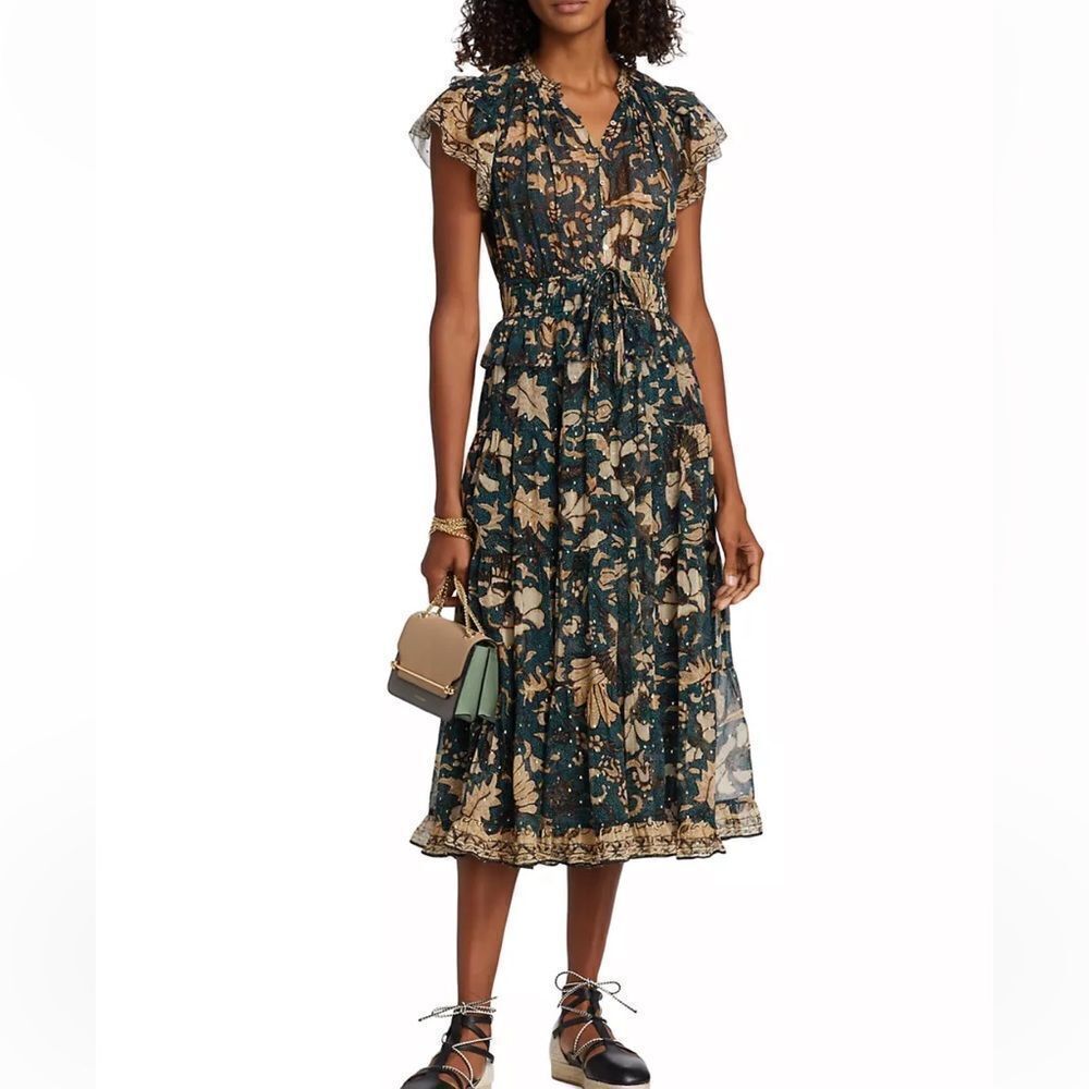 Ulla Johnson Green and Tan Floral Midi Dress